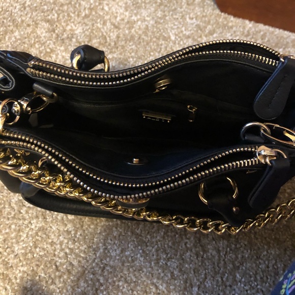 Black handbag with gold hardware, size is 10" x 8" x 4". - Picture 2 of 4